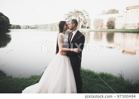 Luxury wedding couple, bride and groom posing in the city of Vienna 97300494