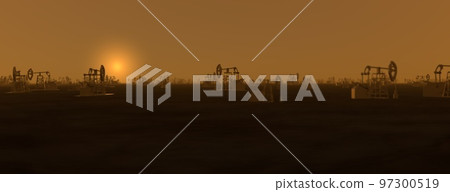 The silhouette of oil pumps in a large oil field at sunrise. 3d rendering. 3d illustration 97300519