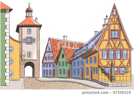Old medieval street with colorful houses and clock tower in Rothenburg ob der Tauber. 97300529