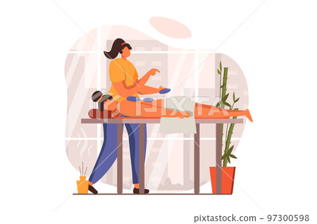 Spa salon web concept in flat design. Professional masseur does manual therapy with hot stones to patient. Woman lying on couch and getting relax back massage. Vector illustration with people scene Spa salon web concept in flat design. Professional masseur does manual therapy with hot stones to patient. Woman lying on couch and getting relax back massage. Vector illustration with people scene 97300598
