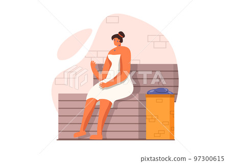 Spa salon web concept in flat design. Woman in towel sits on wooden bench in hot sauna, sweats and receives body skin care. Cosmetology and hygiene procedure. Vector illustration with people scene 97300615