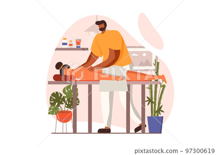 Spa salon web concept in flat design. Professional masseur does manual therapy to patient. Woman lying on couch and getting back massage in cosmetology clinic. Vector illustration with people scene 97300619