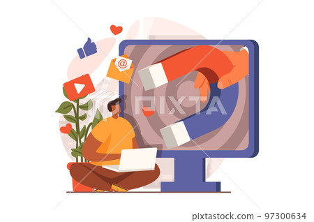 Social media marketing web concept in flat design. Man is browsing from laptop, receives promo emails and attracted by huge magnet. Advertising and promotion. Vector illustration with people scene Social media marketing web concept in flat design. Man is browsing from laptop, receives promo emails and attracted by huge magnet. Advertising and promotion. Vector illustration with people scene 97300634