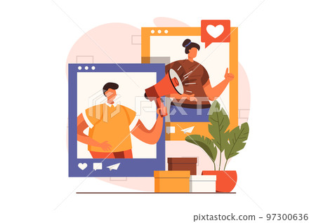 Social media marketing web concept in flat design. Man with megaphone creates promo posts. Woman user views posts and follows blog. Advertising and promotion. Vector illustration with people scene Social media marketing web concept in flat design. Man with megaphone creates promo posts. Woman user views posts and follows blog. Advertising and promotion. Vector illustration with people scene 97300636