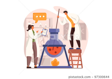 Science laboratory web concept in flat design. Woman and man scientists making chemical test in huge tube. Researchers make new experiments in flasks in lab. Vector illustration with people scene 97300644