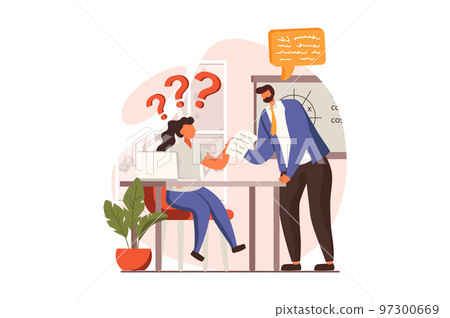 School teacher web concept in flat design. Man tutor helps schoolgirl with lesson and answers her questions. Student is studying. Education and gain knowledge. Vector illustration with people scene School teacher web concept in flat design. Man tutor helps schoolgirl with lesson and answers her questions. Student is studying. Education and gain knowledge. Vector illustration with people scene 97300669