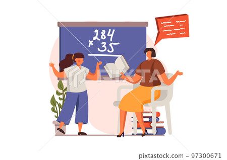 School teacher web concept in flat design. Teacher checks student homework. Schoolgirl answers question standing at blackboard. Education and gain knowledge. Vector illustration with people scene School teacher web concept in flat design. Teacher checks student homework. Schoolgirl answers question standing at blackboard. Education and gain knowledge. Vector illustration with people scene 97300671
