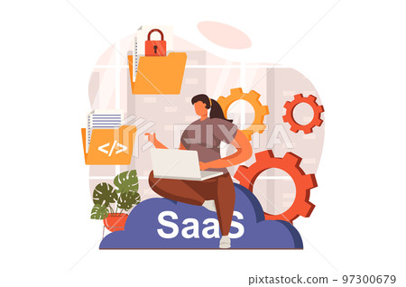 SaaS web concept in flat design. Woman working at laptop and using programs and services purchased by subscription. User works with cloud technologies. Vector illustration with characters scene SaaS web concept in flat design. Woman working at laptop and using programs and services purchased by subscription. User works with cloud technologies. Vector illustration with characters scene 97300679