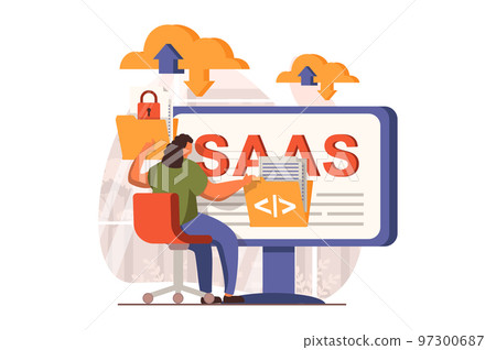 SaaS web concept in flat design. Woman uses cloud storage, safety upload and download files, online management at platform. Client buys software as a service. Vector illustration with characters scene 97300687