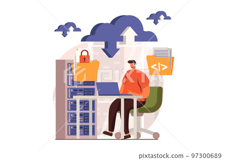 SaaS web concept in flat design. Man uses cloud computing and storage, upload and download files, working with datacenter. Client buys software as a service. Vector illustration with characters scene 97300689