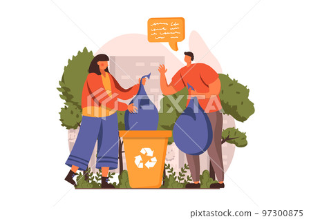 People collecting garbage web concept in flat design. Man and woman gathering waste in bags at city park, sorting trash into containers for recycling. Vector illustration with characters scene 97300875