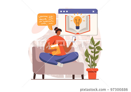 Online education web concept in flat design. Woman student studies remotely using smartphone, reads textbooks and takes exams, gains knowledge online at apps. Vector illustration with people scene 97300886