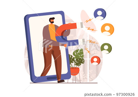 Marketing web concept in flat design. Man holding huge magnet, making advertising and attracting clients from social media. Promotion management services. Vector illustration with people scene 97300926