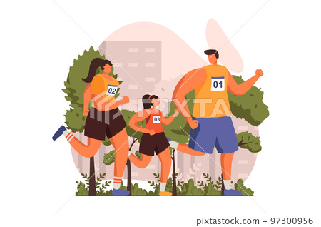 Healthy families web concept in flat design. Happy father, mother and daughter in sportswear running at marathon. Parents and child training together outdoors. Vector illustration with people scene 97300956