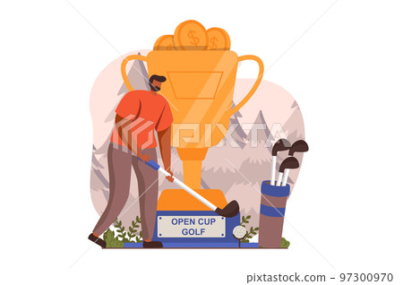 Happy competition champions web concept in flat design. Man professionally plays golf and takes part in competition and wins golden trophy. Victory celebration. Vector illustration with people scene 97300970