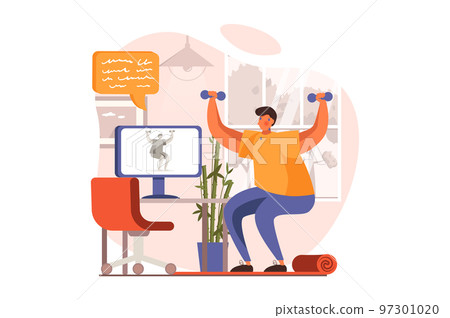Fitness web concept in flat design. Man in sports uniform does strength exercises with dumbbell and exercising with video lesson. Sportswoman training at home. Vector illustration with people scene Fitness web concept in flat design. Man in sports uniform does strength exercises with dumbbell and exercising with video lesson. Sportswoman training at home. Vector illustration with people scene 97301020