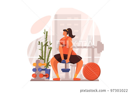 Fitness web concept in flat design. Woman does strength exercises with dumbbell in gym and other equipment. athlete is engaged in bodybuilding and weightlifting. Vector illustration with people scene 97301022