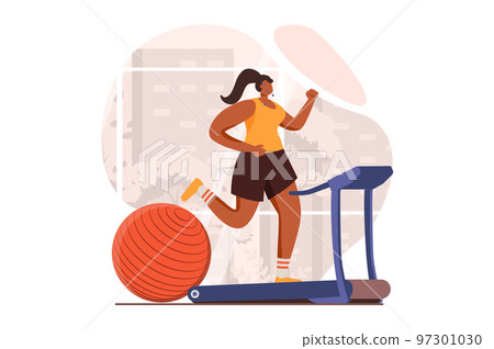 Fitness web concept in flat design. Woman in sports uniform does cardio workout and runs on treadmill in sports club. Sportswoman training and exercising in gym. Vector illustration with people scene Fitness web concept in flat design. Woman in sports uniform does cardio workout and runs on treadmill in sports club. Sportswoman training and exercising in gym. Vector illustration with people scene 97301030