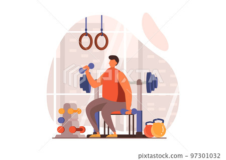 Fitness web concept in flat design. Man does exercises with dumbbells in gym with barbell and other equipment. Athlete engaged in bodybuilding and weightlifting. Vector illustration with people scene 97301032