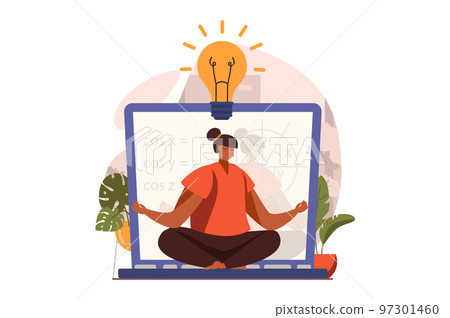 Distant learning web concept in flat design. Woman thinking, concentrating, gaining knowledge, generating ideas, brainstorming. Online education and e-learning. Vector illustration with people scene 97301460