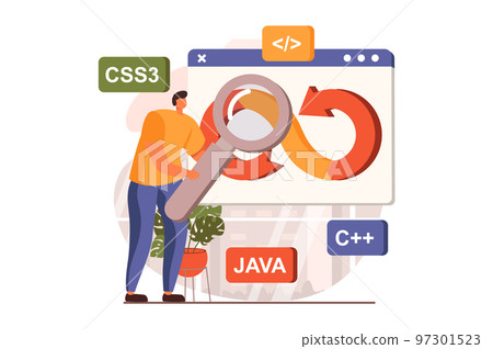 DevOps web concept in flat design. Man engineering and programming, doing research, create programs, administrates processes. Development operations practice. Vector illustration with people scene DevOps web concept in flat design. Man engineering and programming, doing research, create programs, administrates processes. Development operations practice. Vector illustration with people scene 97301523