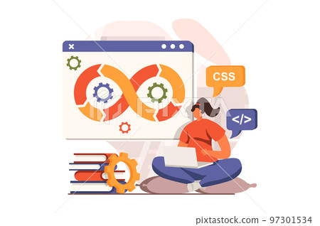DevOps web concept in flat design. Woman working at laptop, creates software and programming code, doing project management. Development operations practice. Vector illustration with people scene 97301534