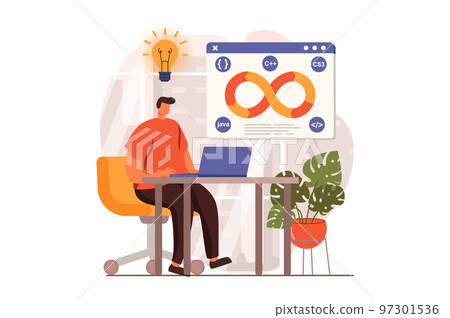 DevOps web concept in flat design. Programmer working at laptop, generate ideas, creates software, doing project management. Development operations practice. Vector illustration with people scene 97301536