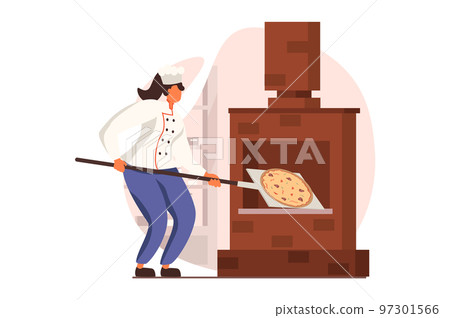 Cooking and restaurant web concept in flat design. Chef prepares Italian pizza standing near traditional stove in kitchen. Culinary art and professional staff. Vector illustration with people scene 97301566