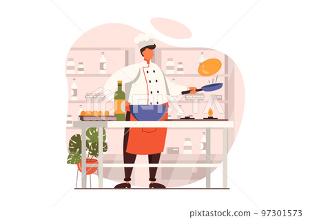 Cooking and restaurant web concept in flat design. Chef bakes pancakes standing at stove, ingredients on table in kitchen. Culinary art and professional staff. Vector illustration with people scene 97301573