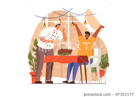 Cooking and restaurant web concept in flat design. Chef serving order dish for happy customer sitting at table in cafeteria. Culinary art and professional staff. Vector illustration with people scene 97301577