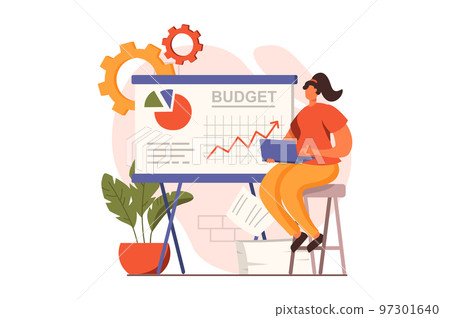 Analyzing budget web concept in flat design. Woman making financial report and developing investment strategy for business. Auditing and finance management. Vector illustration with people scene Analyzing budget web concept in flat design. Woman making financial report and developing investment strategy for business. Auditing and finance management. Vector illustration with people scene 97301640