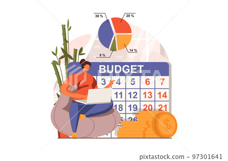 Analyzing budget web concept in flat design. Woman analyzing financial data on laptop and planning month pays with calendar. Auditing and finance management. Vector illustration with people scene Analyzing budget web concept in flat design. Woman analyzing financial data on laptop and planning month pays with calendar. Auditing and finance management. Vector illustration with people scene 97301641