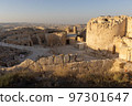 Mount Herodion and the ruins of the fortress of King Herod inside an artificial crater. The Judaean Desert, West Bank. 97301647
