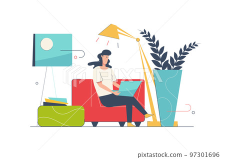 Freelance work concept with people scene in flat cartoon design. Woman working distant while sitting at home, making tasks and communicates online. Vector illustration with character situation for web 97301696