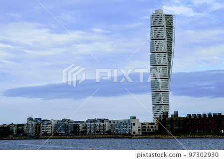 Futurist Skyscraper view from harbor in Malmo. Sweden Futurist Skyscraper view from harbor in Malmo. Sweden 97302930