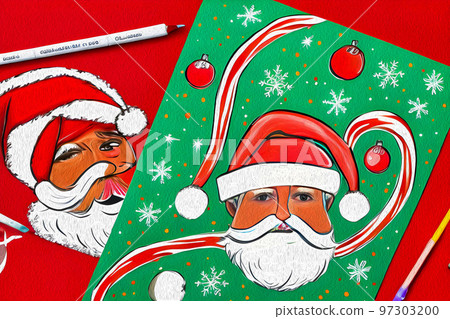 Winter season holiday, Christmas, New Year. Christmas concept. Children's drawings in pencil and paints. Winter season holiday, Christmas, New Year. Christmas concept. Children's drawings in pencil and paints. 97303200