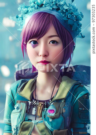 A Japanese solarpunk girl in the world of the future. 3D digital illustration. 97303235