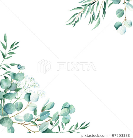 Watercolor frame, eucalyptus, gypsophila and pistachio branches. Rustic greenery. Hand drawn botanical illustration isolated on white background. Ideal for stationery, invitations, save the date 97303388
