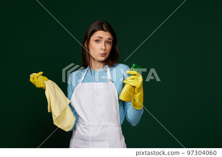 frowning woman cleaner apron with cleaning rag and detergent sprayer frowning woman cleaner apron with cleaning rag and detergent sprayer 97304060