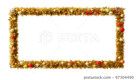 聖誕素材：金色1:2長方形花環框，閃閃發光的星星和五顏六色的球體3D渲染 97304490
