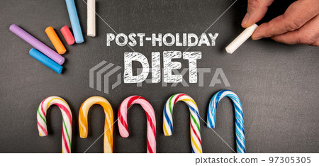 Post-holiday diet concept. Text and colorful candies on a dark chalkboard 97305305
