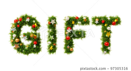 Christmas wreath font material: 3D rendering of letters made of wreath leaves, shining stars and colorful orbs Christmas wreath font material: 3D rendering of letters made of wreath leaves, shining stars and colorful orbs 97305316