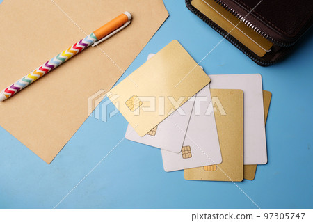 close up of credit cards on wooden background close up of credit cards on wooden background 97305747