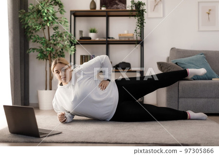Woman using laptop for domestic training Woman using laptop for domestic training 97305866