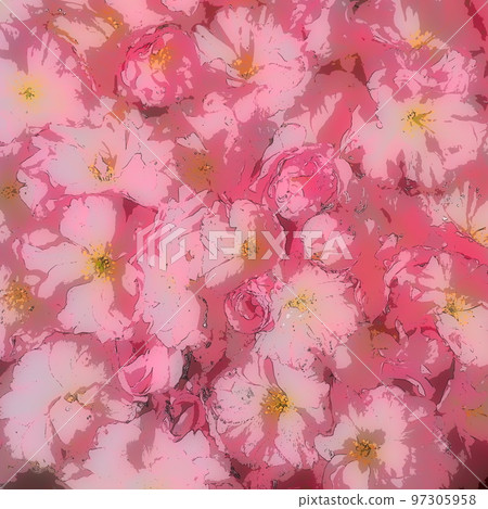 Pink flowers cherry sakura background. Flower wall illustration. Soft selective focus. Holiday postcard. Pink petals and yellow stamens.Prunus serrulata background. Blurry art. Spring cherry blossom 97305958