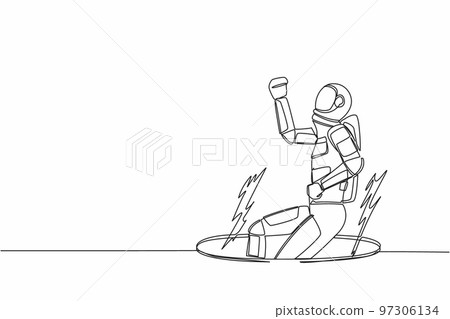 Single continuous line drawing young astronaut fell into manhole underground sewer. Spaceman fell into sewage. Space business failure. Cosmonaut deep space. One line graphic design vector illustration 97306134