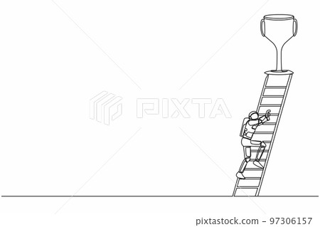 Single one line drawing young astronaut climb ladder to get trophy. Motivation to success in starship galactic expedition. Cosmic galaxy space. Continuous line draw graphic design vector illustration 97306157