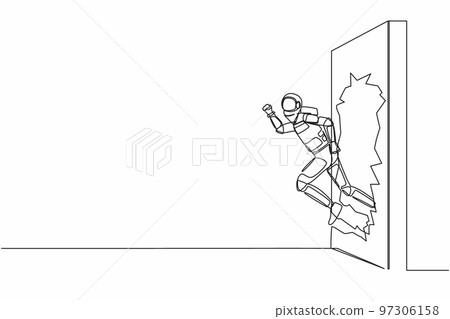 Single continuous line drawing young astronaut run and breaking through brick wall in moon surface. Future spaceship tech development. Cosmonaut deep space. One line graphic design vector illustration Single continuous line drawing young astronaut run and breaking through brick wall in moon surface. Future spaceship tech development. Cosmonaut deep space. One line graphic design vector illustration 97306158