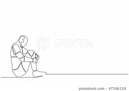 Single continuous line drawing depressed robot suffer emotion sadness melancholy sitting in despair on the floor. Artificial intelligence and machine learning. One line draw design vector illustration 97306159