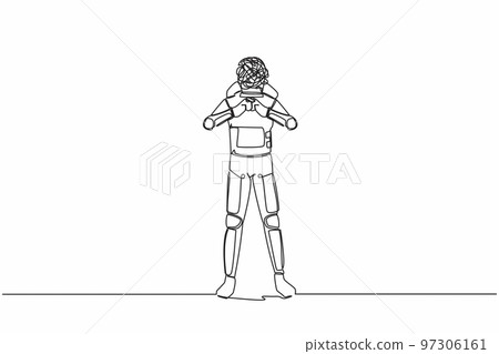 Single one line drawing astronaut with round scribbles instead of head. Sign crossing fingers forming x. Cross, wrong or banned. Cosmic galaxy space. Continuous line graphic design vector illustration 97306161